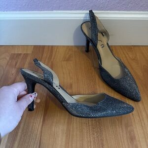 glitter silver pointy sling back heels